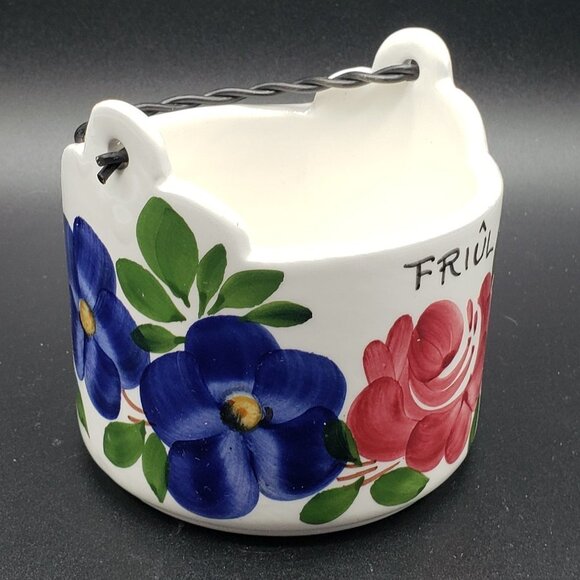 Italian Decorato A Mano Zoppola Friûl Floral Ceramic Metal Handle Basket Planter - Picture 4 of 9